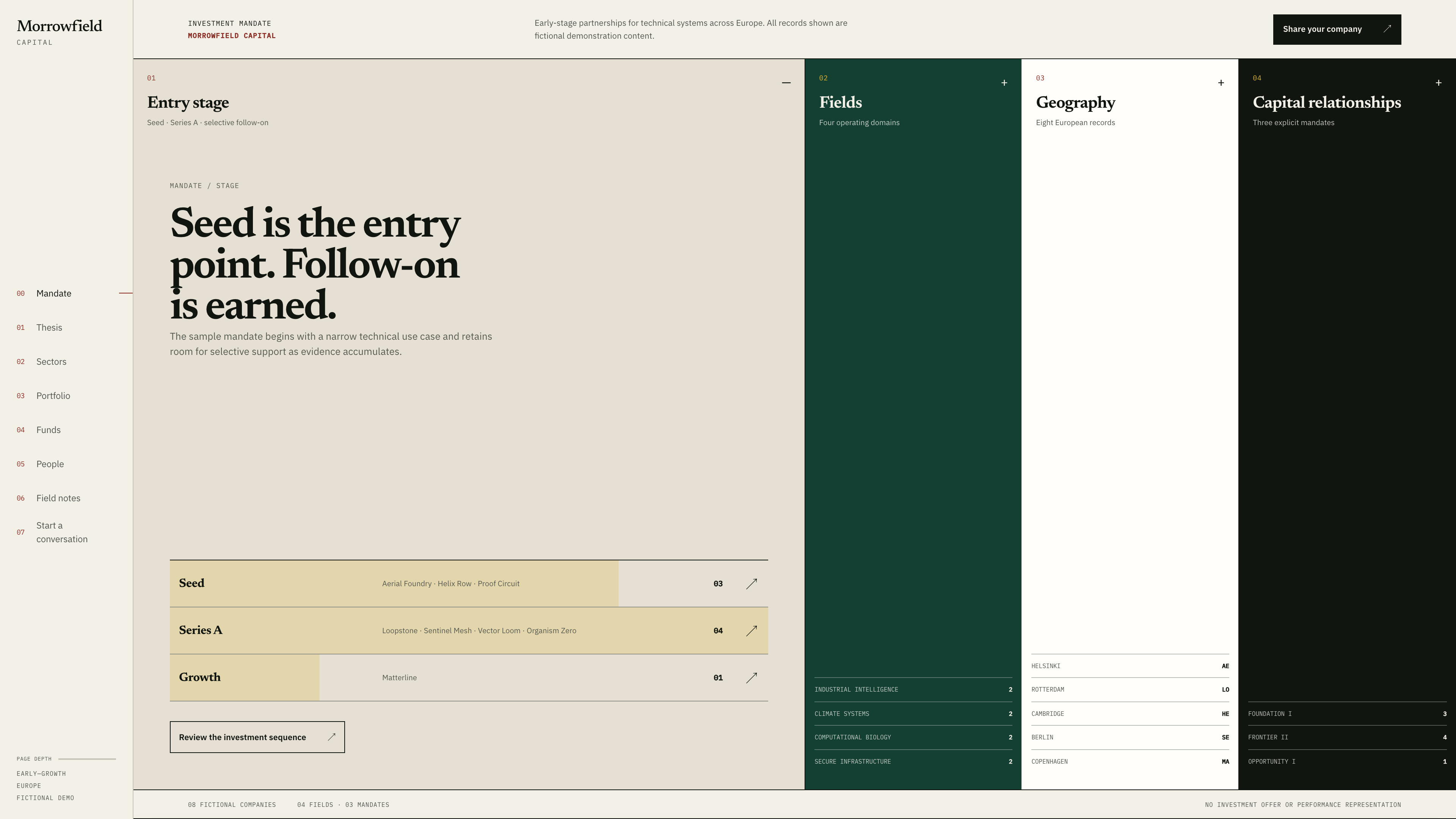 Plantilla Framer Morrowfield para venture capital en escritorio y móvil con CMS nativo y secciones del Decision Ledger
