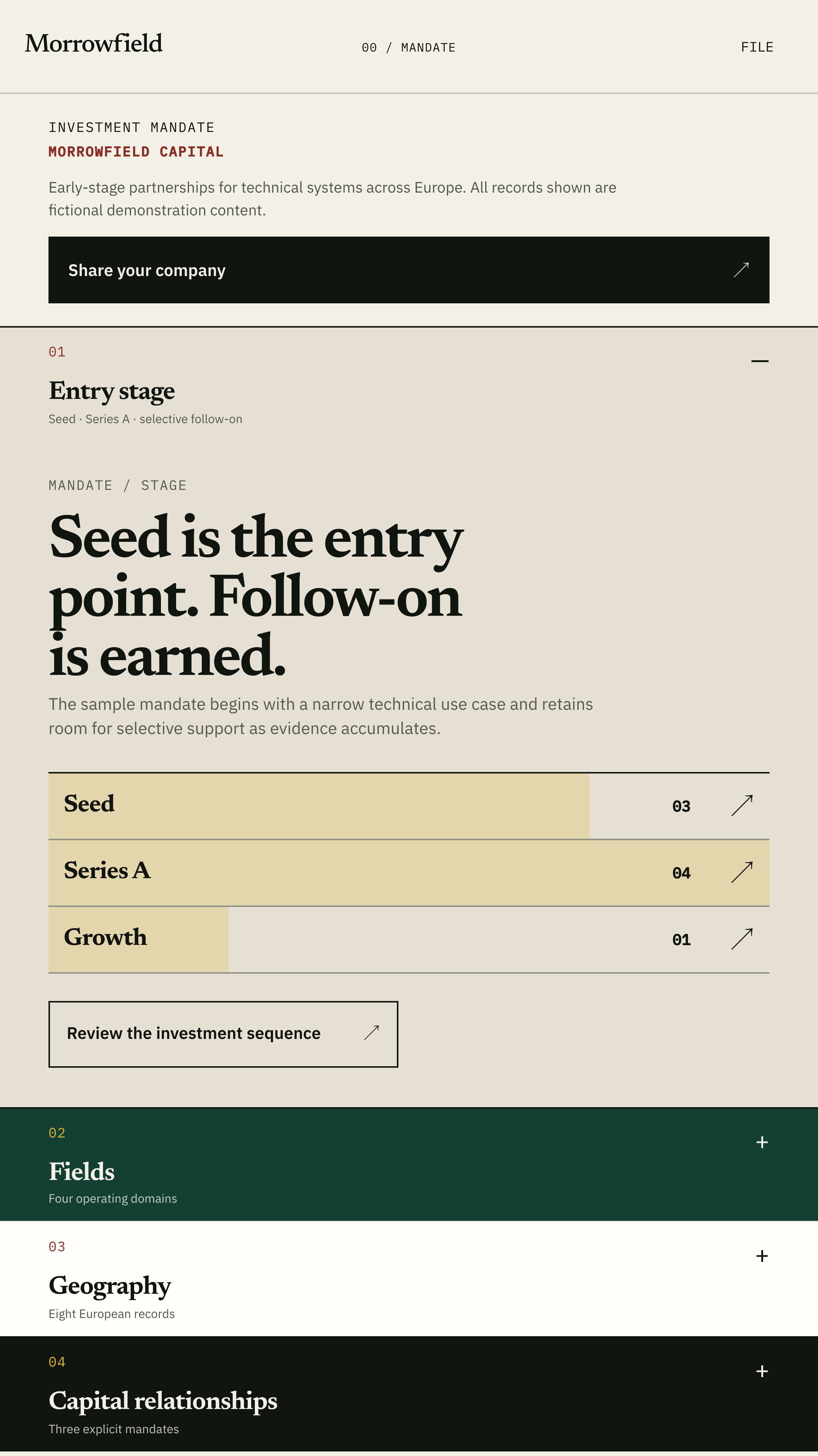 Vista móvil responsive de la plantilla web Morrowfield para venture capital