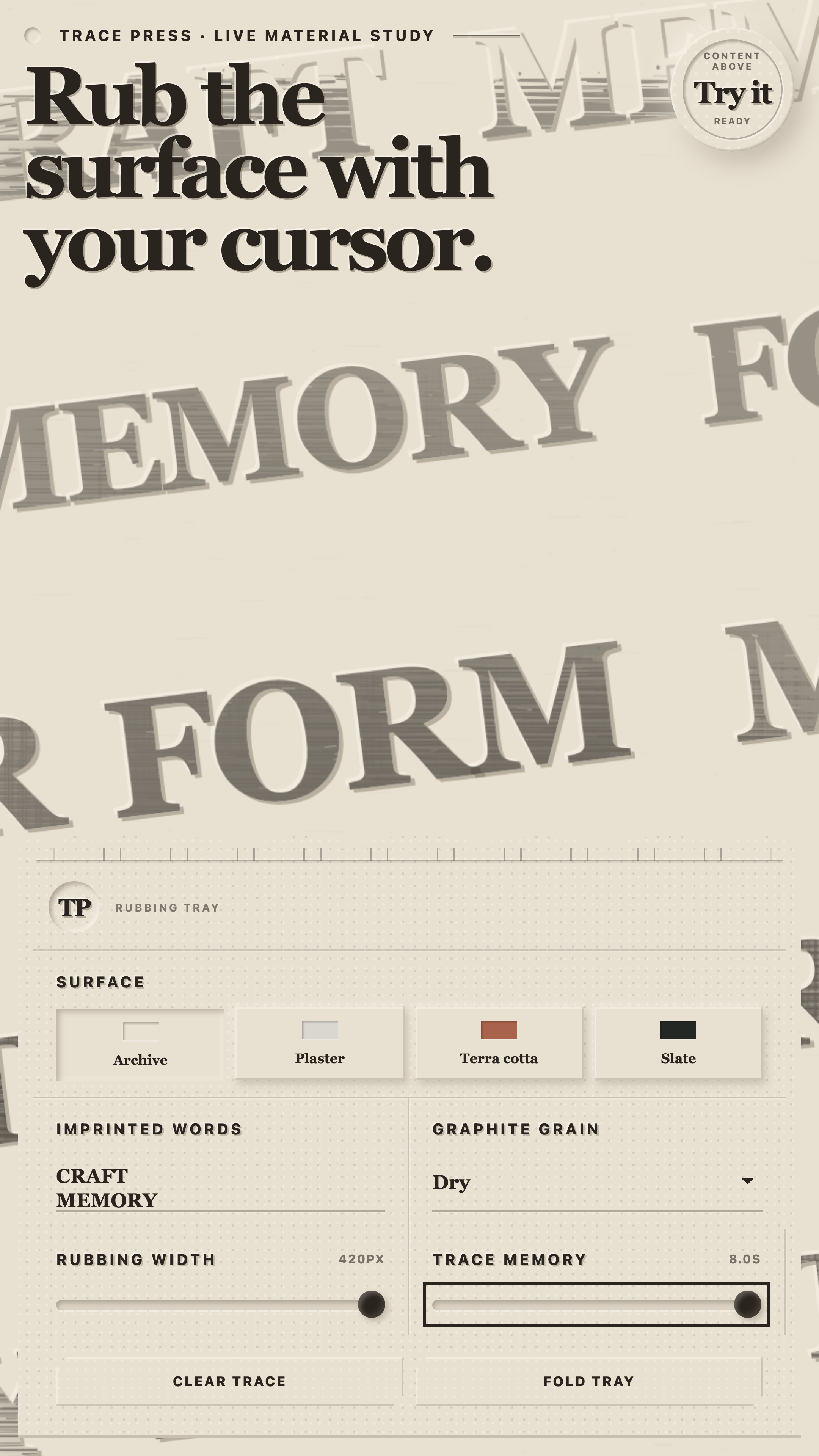 Trace Press mobile layout with tactile material controls